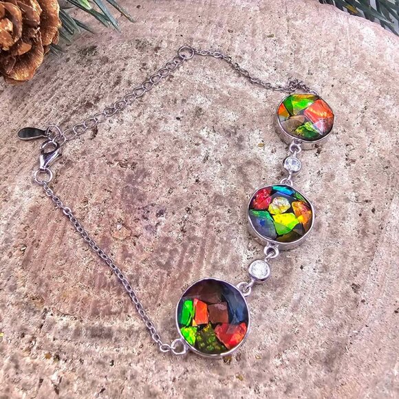 Nature Rainbow Flashy Ammolite Inlay 925 Bracelet - Picture 8 of 9